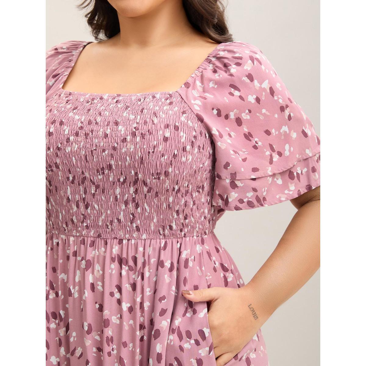 Plus Size Floral Print Shirred Pockets Midi Dress Blush Women Shirred Square Neck Short sleeve Curvy BloomChic 12/L Product Image