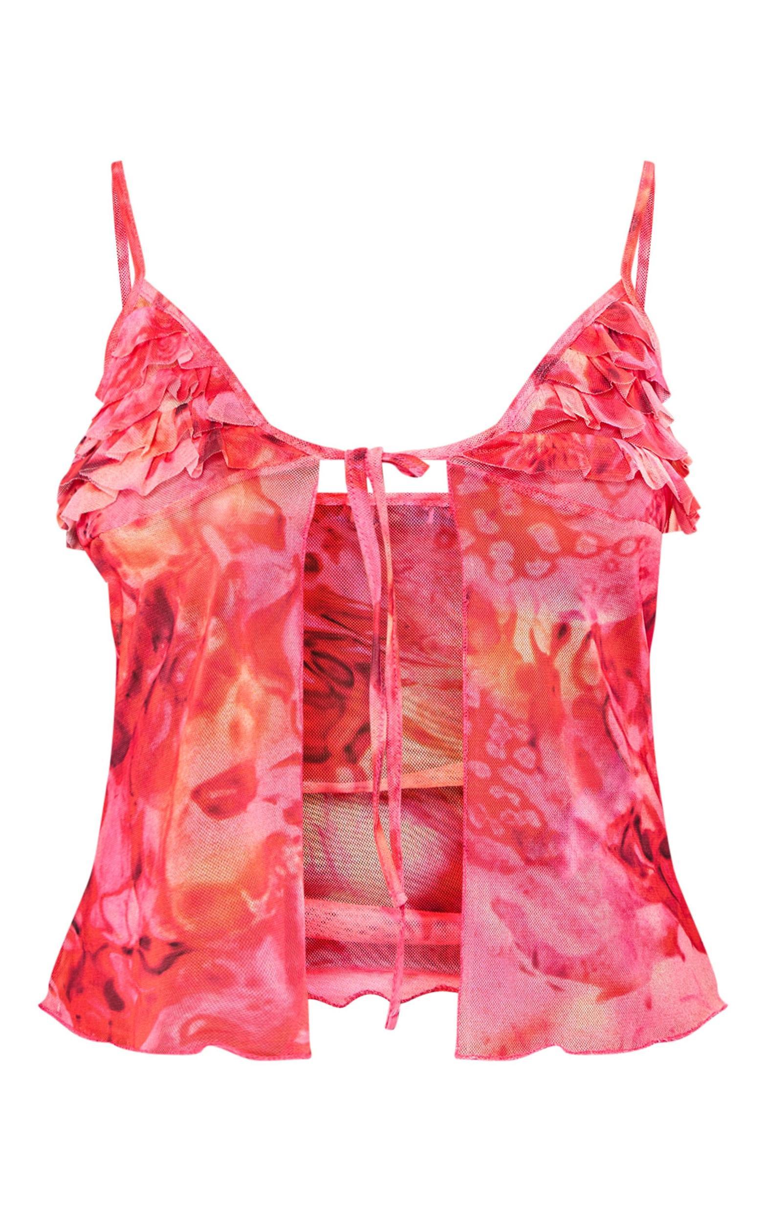 Pink Printed Mesh Ruffle Bust Tie Front Top Product Image