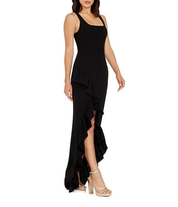 Dress the Population Charlene Square Neck Sleeveless Cascading Ruffle Side Slit Gown Product Image