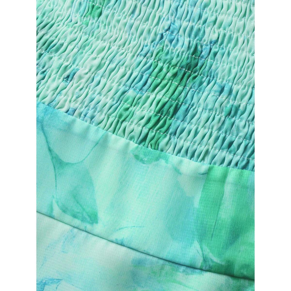 Plus Size Mint Square Neck Watercolor Floral Mesh Shirred Blouse Women Elegant Short sleeve Square Neck Everyday Blouses BloomChic 18-20/2X Product Image