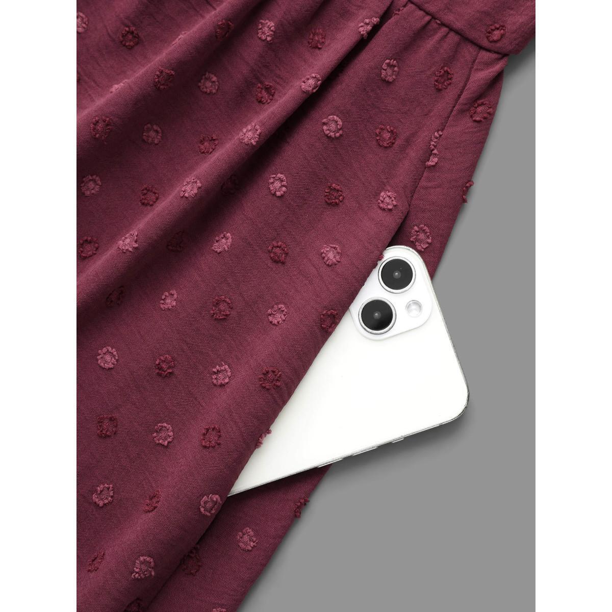 Plus Size Notched Collar Textured Smocked Cuffs Dress Plum Women At the Office Tucked seam Notched collar Elbow-length sleeve Curvy BloomChic 10/M Product Image