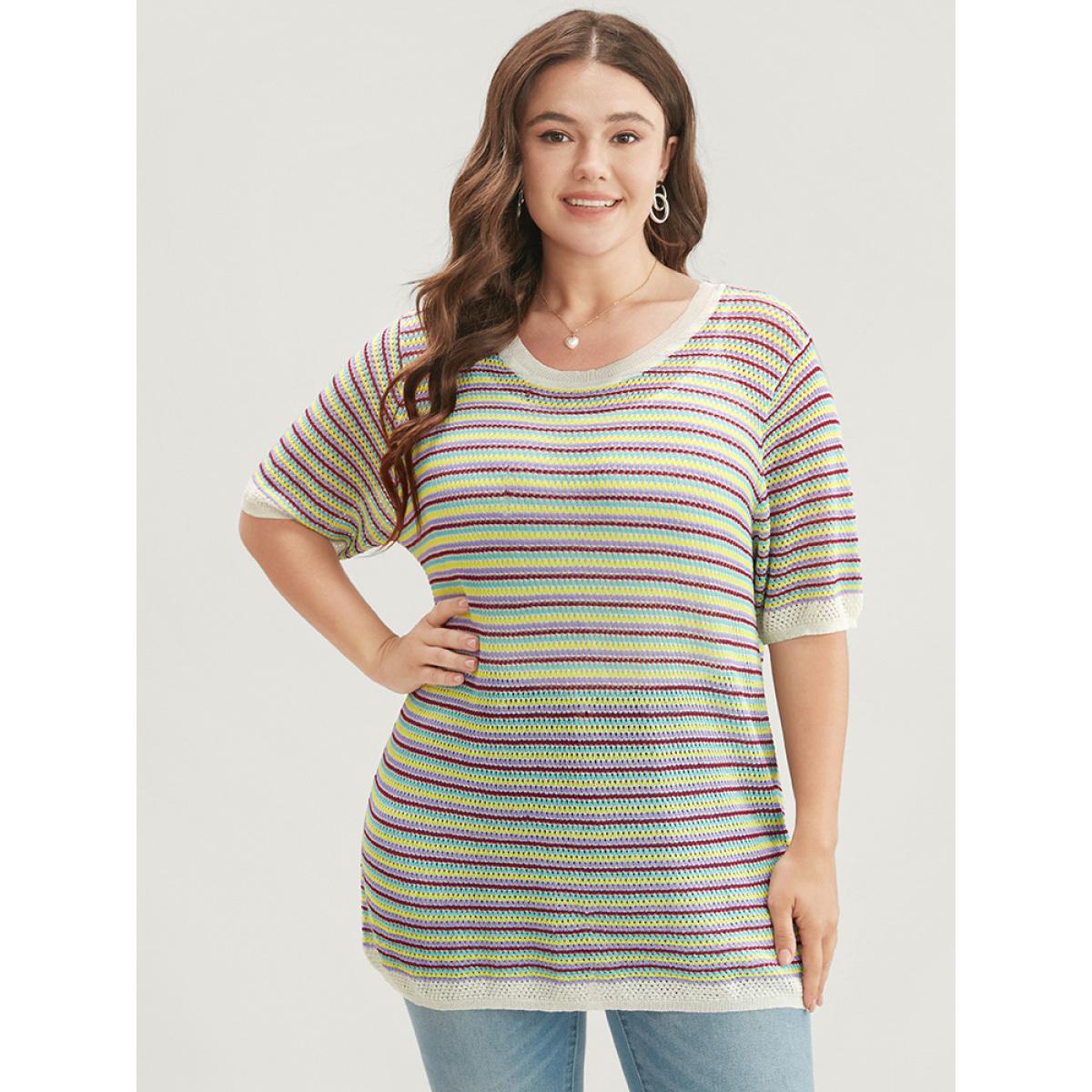 Plus Size Striped Contrast Round Neck Knit Top Multicolor Women Vacation Short sleeve Round Neck Dailywear Pullovers BloomChic 28/5X Product Image