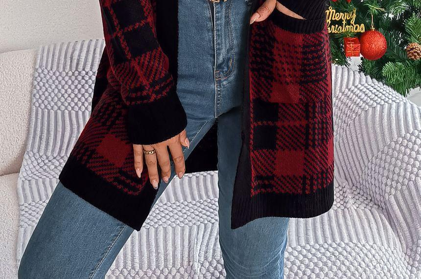 Plaid Contrast Trim Open Front Long Cardigan Product Image