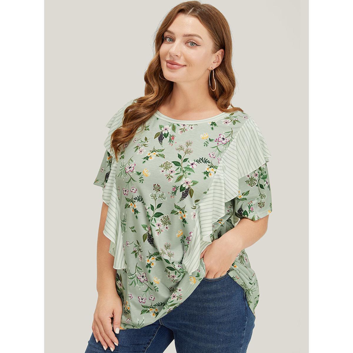 Plus Size Floral Patchwork Round Neck Striped Ruffle Trim T-shirt SpringGreen Women Elegant Striped Round Neck Dailywear T-shirts BloomChic 30/6X Product Image