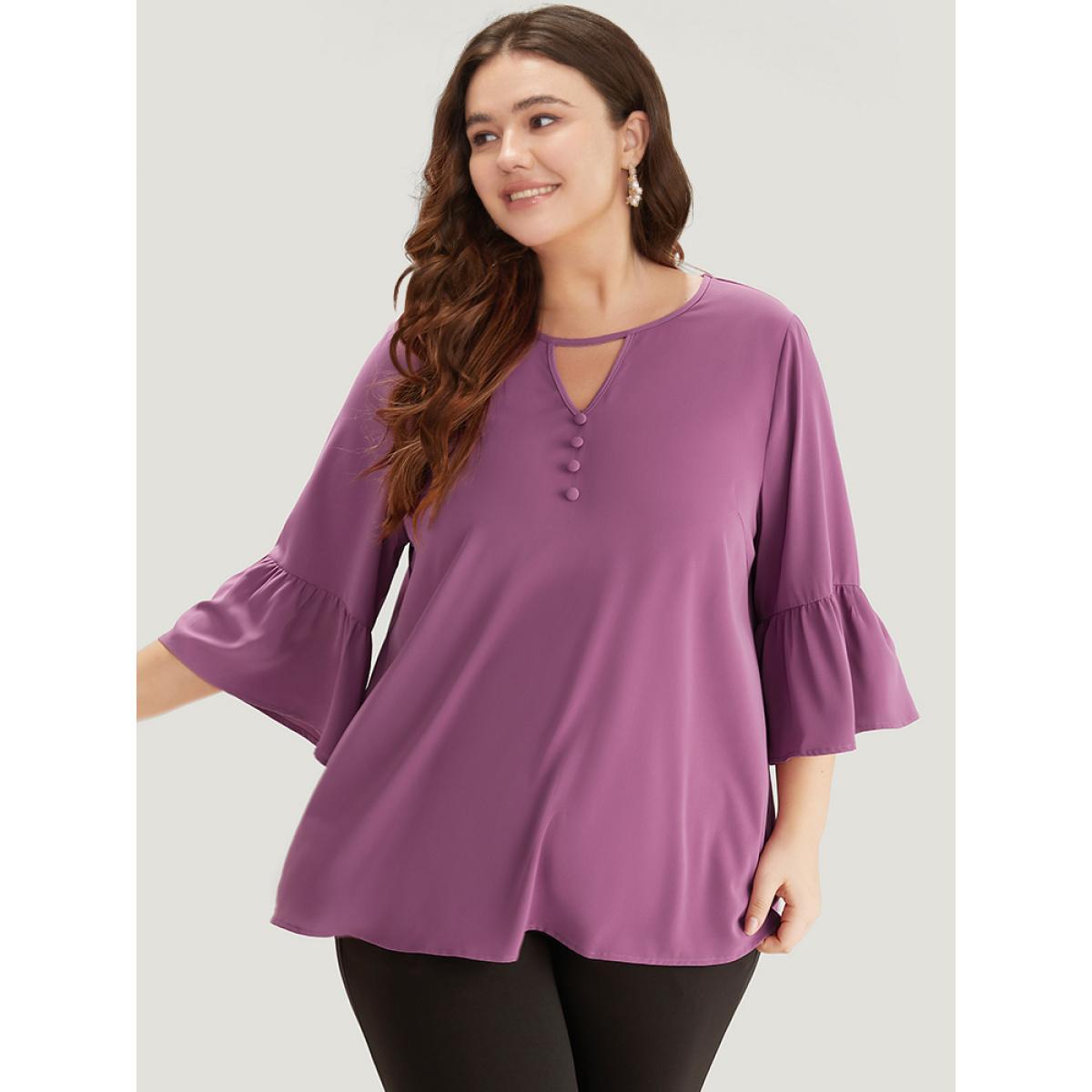 Plus Size Mauve Plain Keyhole Bell Sleeve Button Detail Blouse Women Office Elbow-length sleeve V-neck Work Blouses BloomChic 14-16/1X Product Image