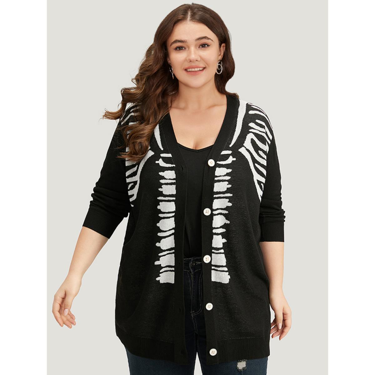Plus Size Halloween Skull Print Slightly Stretchy Cardigan Black Women Casual Loose Long Sleeve Festival-Halloween Cardigans BloomChic 22-24/3X Product Image