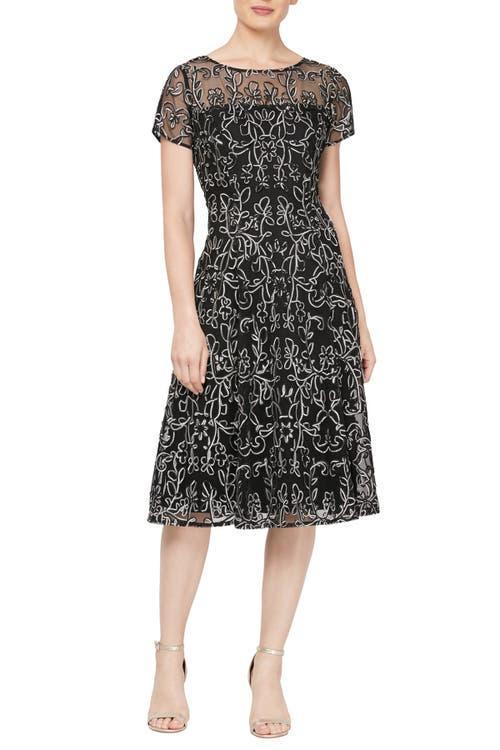 Ignite Evenings Embroidered Soutache Floral Lace Illusion Round Neck Short Sleeve Midi Dress Product Image