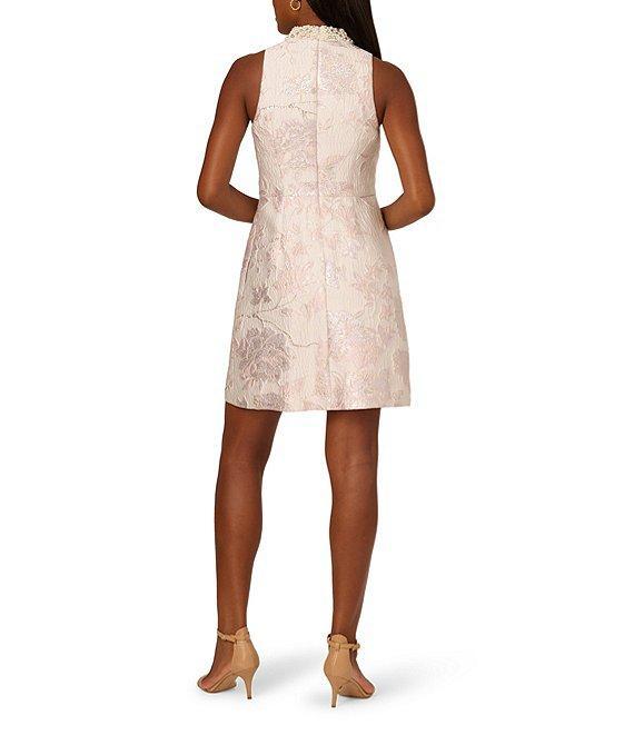 Adrianna Papell Floral Jacquard V-Neck Sleeveless Pearl Trim A-Line Dress Product Image