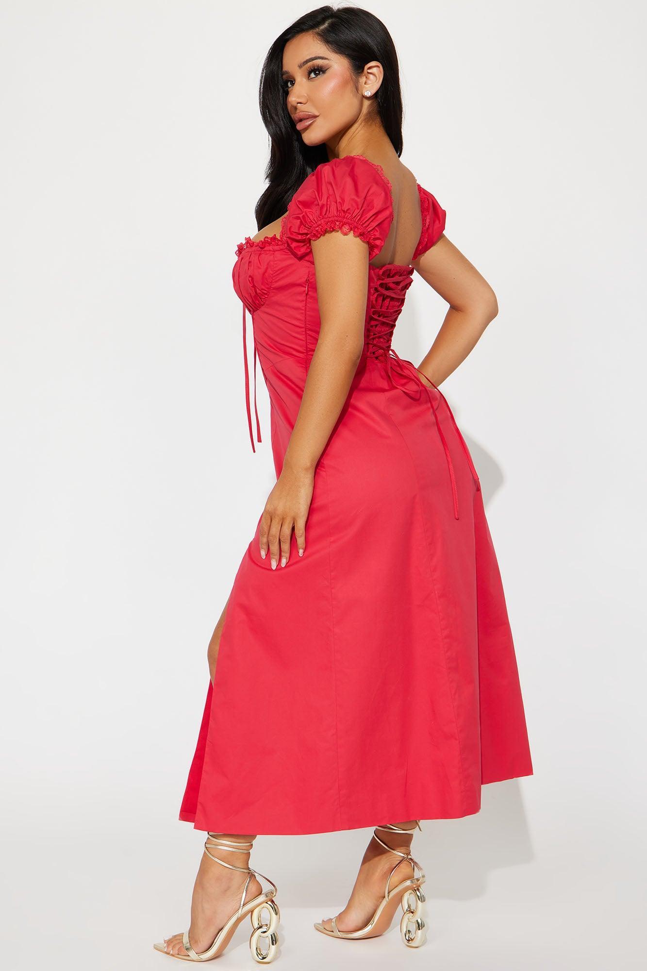 Eleanor Milkmaid Midi Dress - Red Product Image