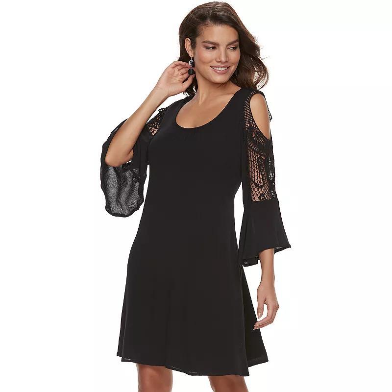 Women's Nina Leonard Crochet Cold-Shoulder Swing Dress, Size: Small, Black Product Image