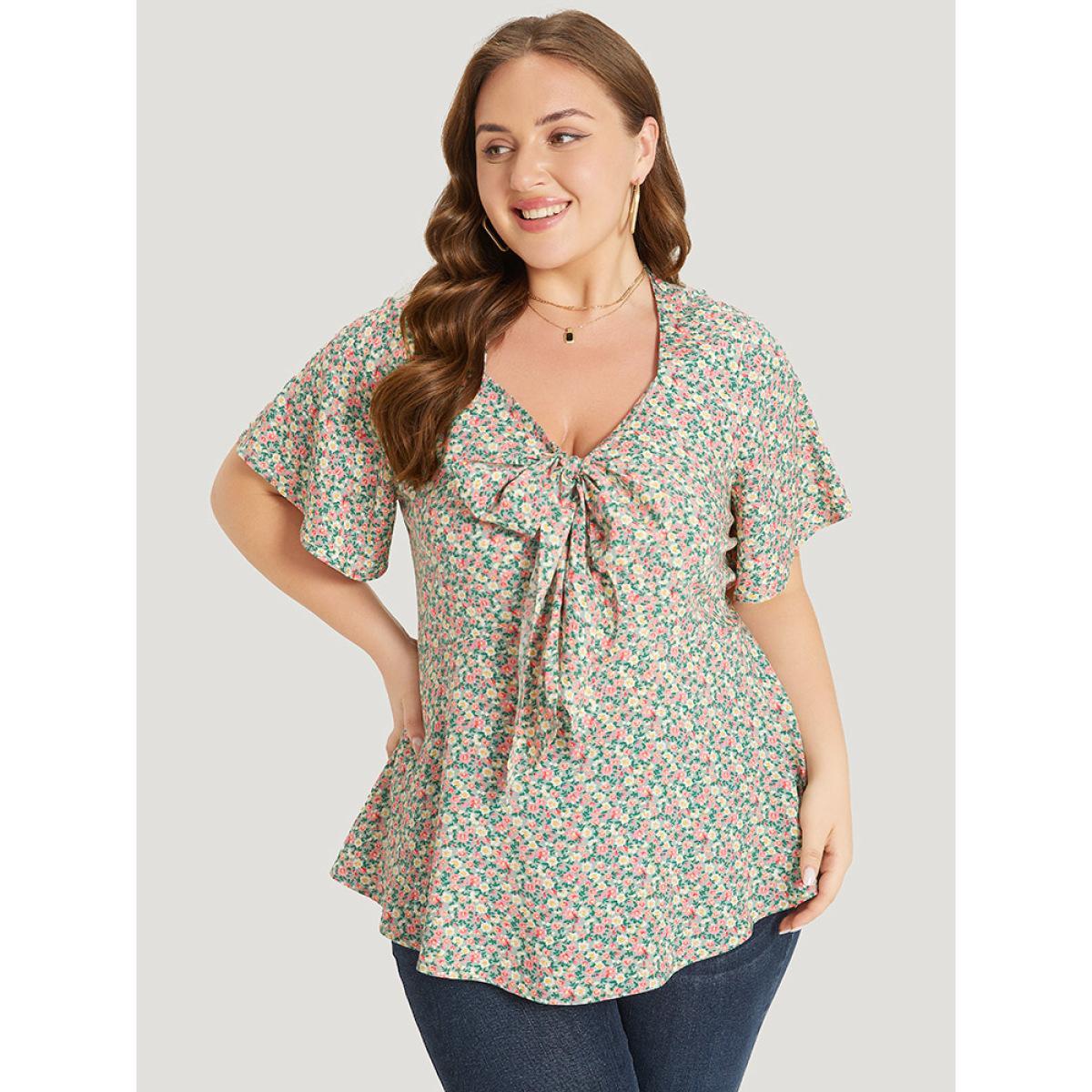 Plus Size Mint Ditsy Floral Knot V Neck Blouse Women Elegant Short sleeve V-neck Dailywear Blouses BloomChic 26/4X Product Image