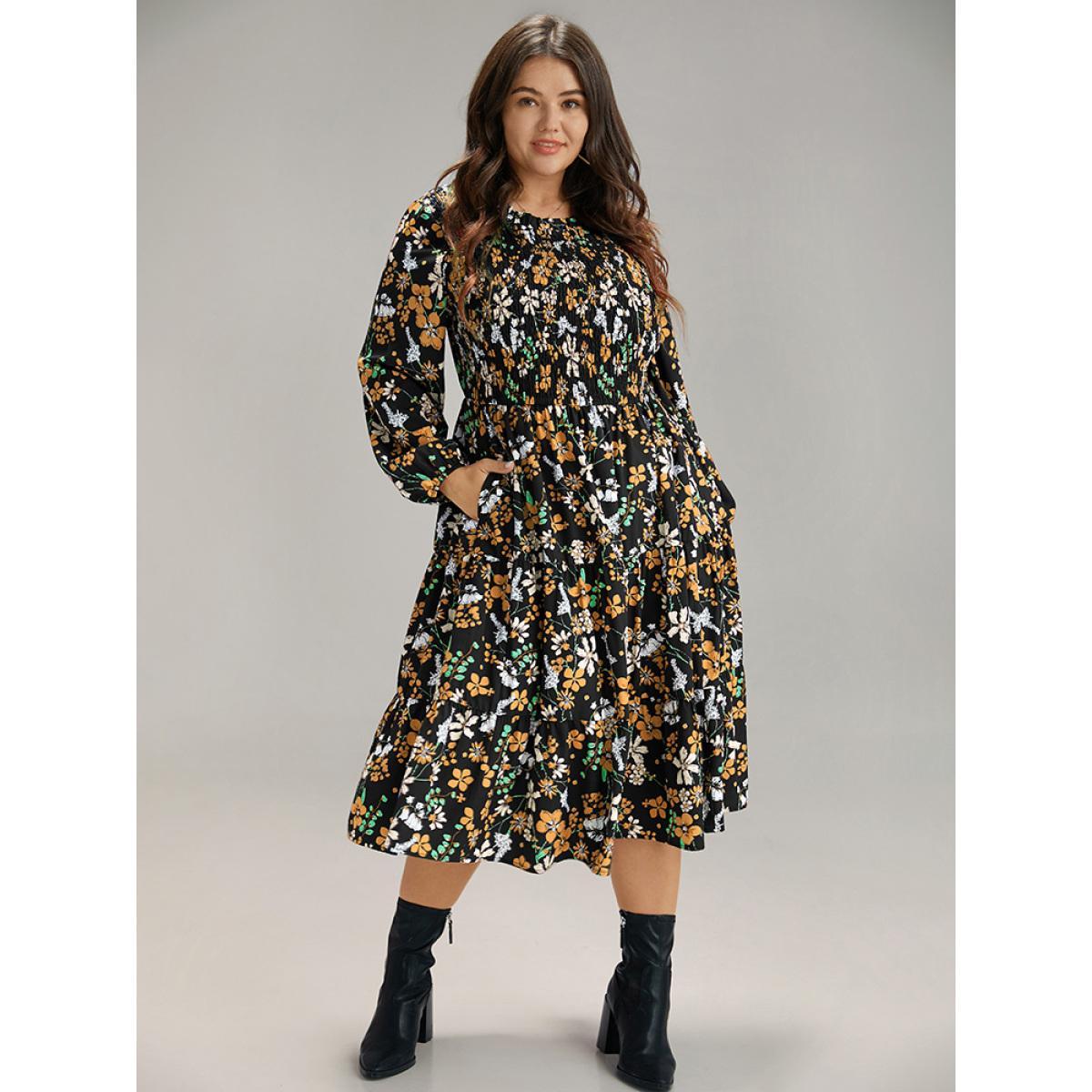 Plus Size Floral Print Keyhole Shirred Dress Black Women Elegant Elastic cuffs Mock Neck Long Sleeve Curvy Midi Dress BloomChic 22-24/3X Product Image