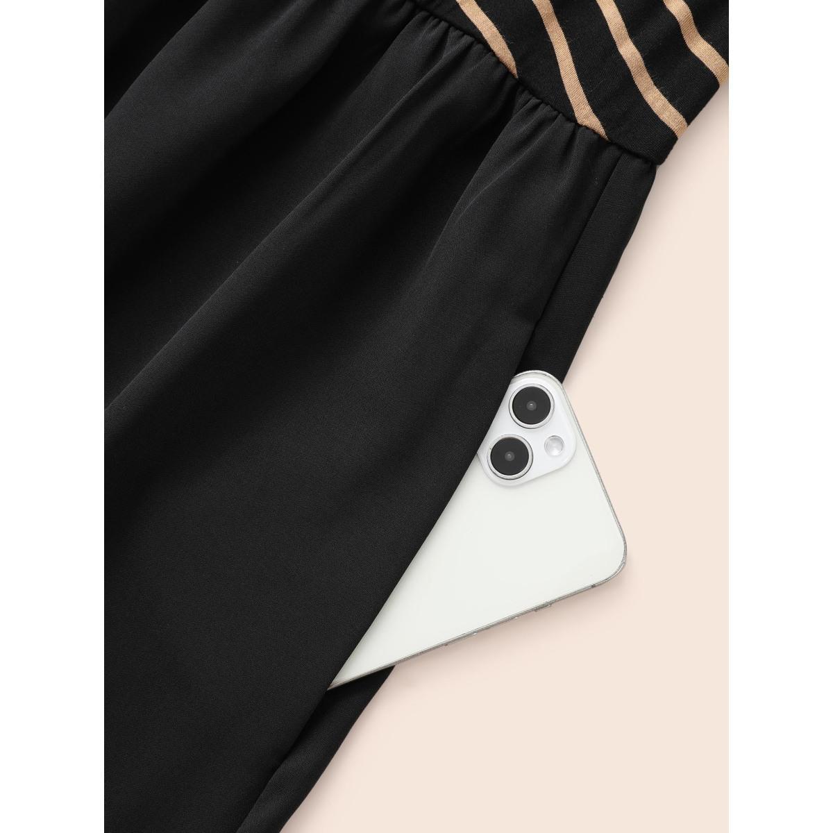 Plus Size Square Neck Striped Patchwork Midi Dress Black Women Casual Patchwork Round Neck Elbow-length sleeve Curvy BloomChic 26/4X Product Image