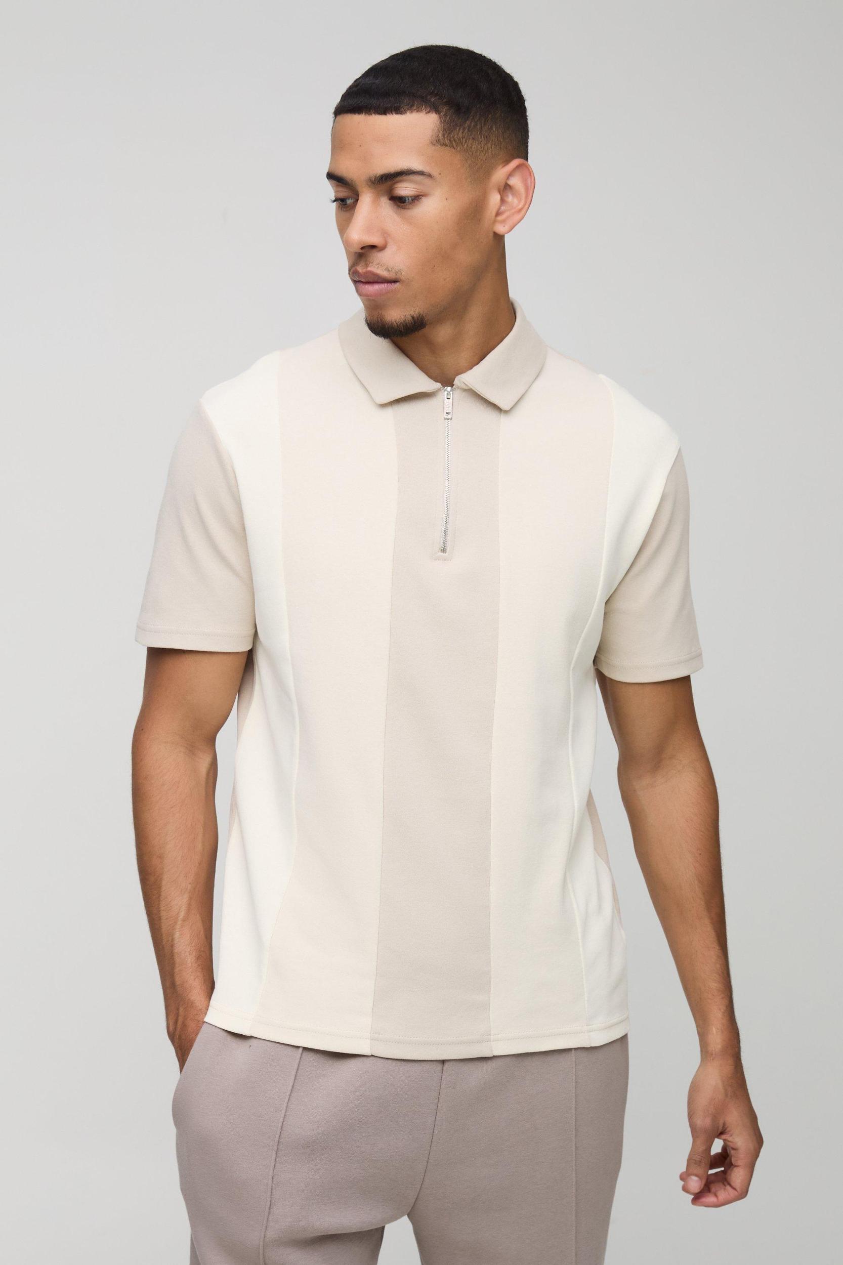 Mens Slim Contrast Panel Interlock Polo - Beige Product Image