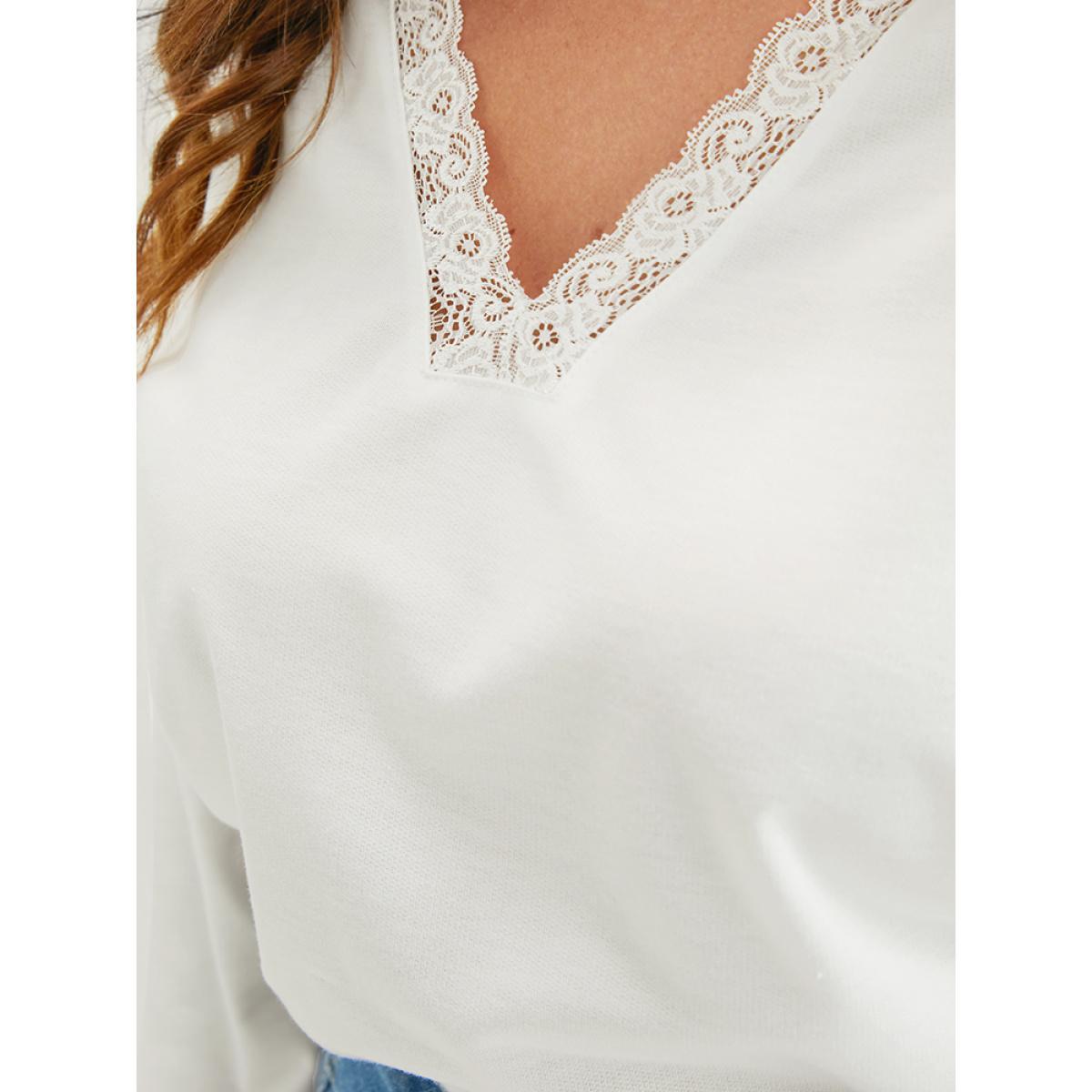 Plus Size Solid Contrast Lace	V Neck Long Tee White Women Elegant Patchwork Plain V-neck Dailywear T-shirts BloomChic 18-20/2X Product Image
