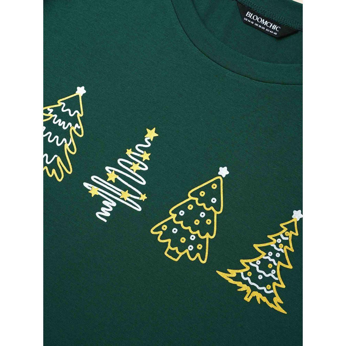 Plus Size Shimmering Trees Half Sleeves Slim-Fit Tee DarkGreen Women Casual Non Christmas Round Neck Everyday T-shirts BloomChic 18-20/2X Product Image