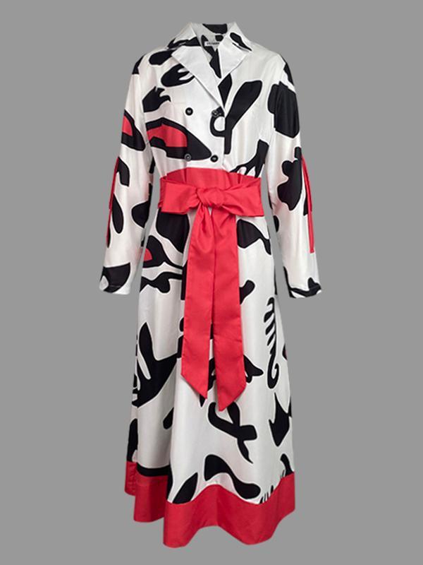 A-Line Long Sleeves Buttoned Contrast Color Tied Waist Notched Collar Maxi Dresses Shirt Dress Product Image