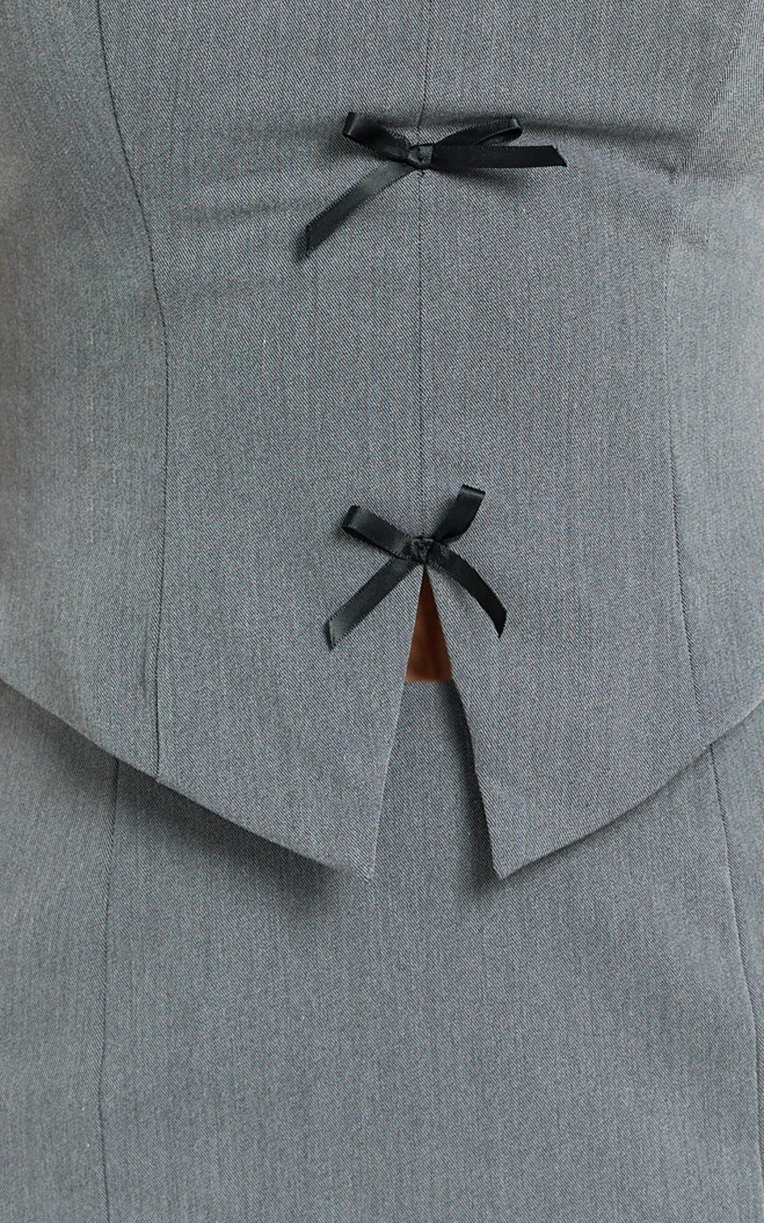 Cartia Two Piece Set - Bow Front Square Neck Vest And Fitted Double Leg Split Skirt Set in Grey Product Image