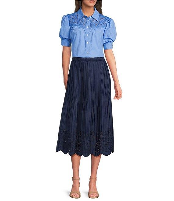 Current Air Cotton Poplin Lace Yoke Point Collar Puff Sleeve Button Front Shirt Product Image