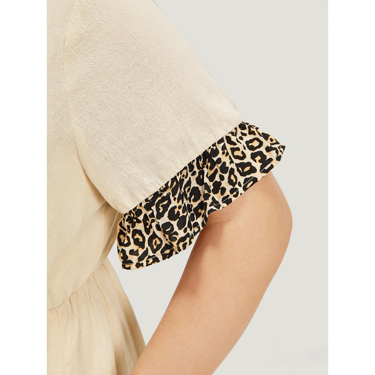 Plus Size Leopard Patchwork Pocket Flutter Trim Button Detail Dress Apricot Women Office Plain V-neck Short sleeve Curvy Midi Dress BloomChic 30/6X Product Image