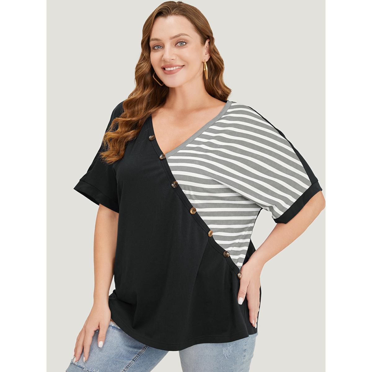 Plus Size Striped Contrast Wrap Batwing Sleeve Patchwork T-shirt Gray Women Casual Wrap Striped V-neck Dailywear T-shirts BloomChic 10/M Product Image
