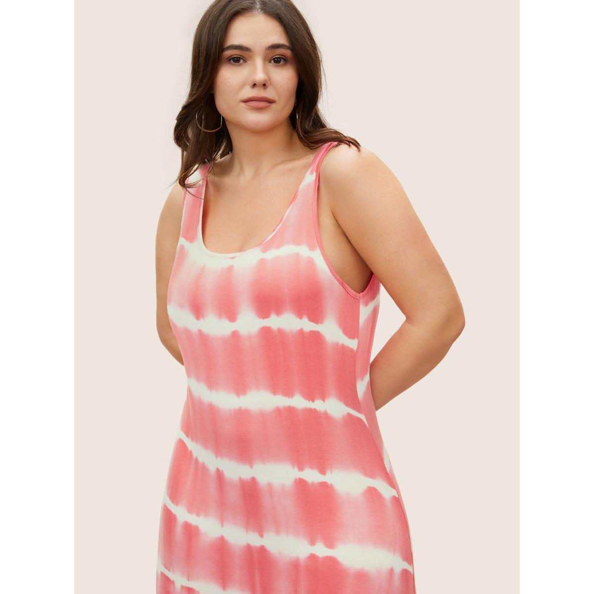 Plus Size U Neck Tie Dye Split Hem Tank Dress Pink Women Casual Non U-neck Sleeveless Curvy Midi Dress BloomChic 28/5X Product Image