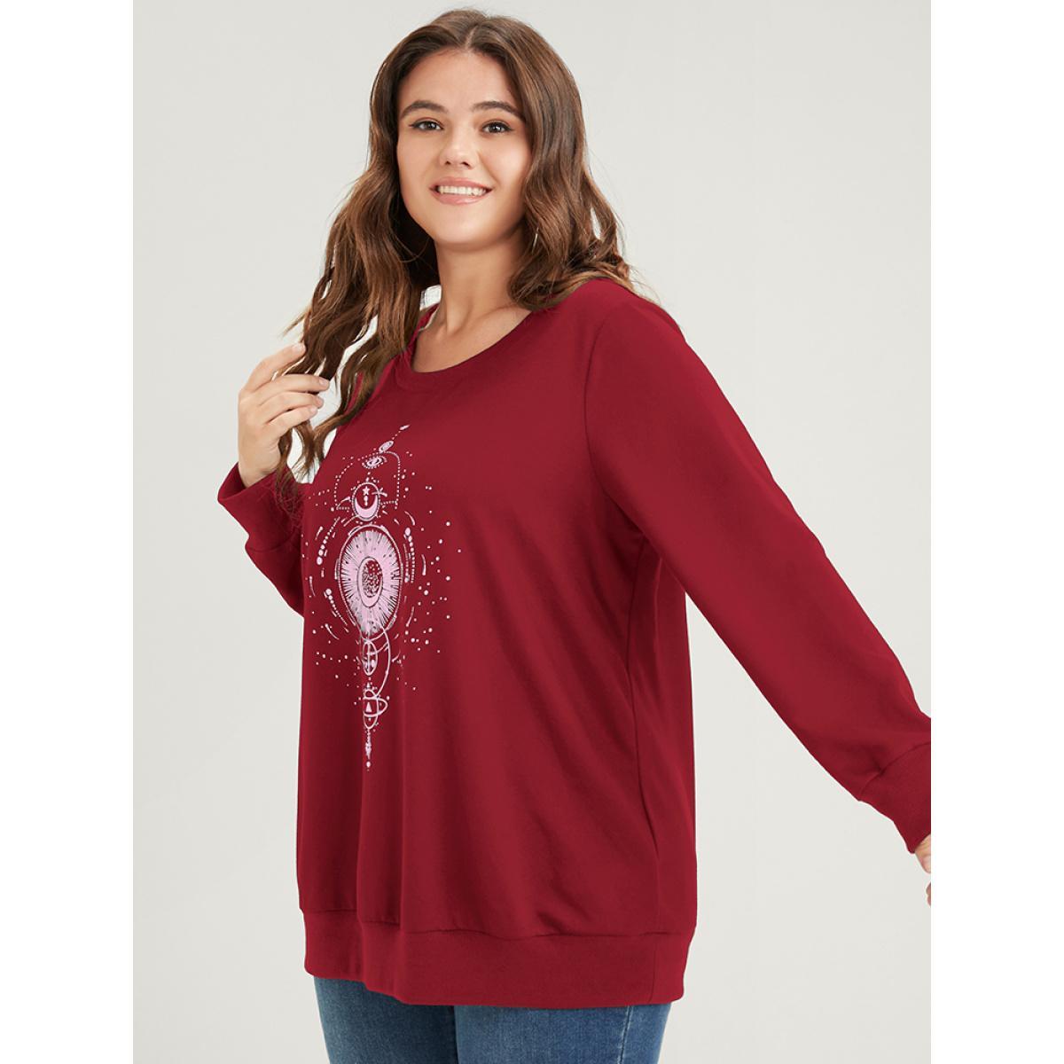 Plus Size Star Print Round Neck Drop Shoulder Sweatshirt Women Burgundy Casual Printed Round Neck Dailywear Sweatshirts BloomChic 10/M Product Image