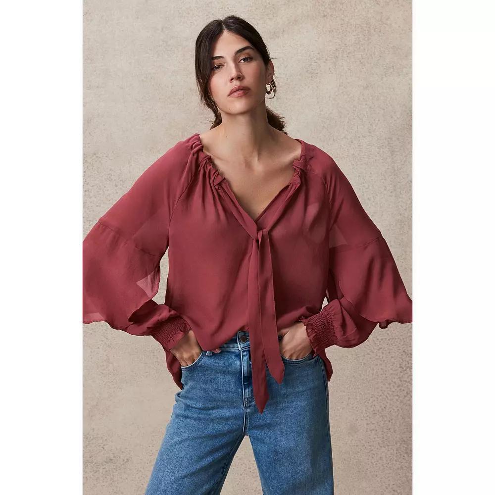 Women's NEXT Gathered Tie Neck Volume Sleeve Blouse, Size: 10, Pink Product Image