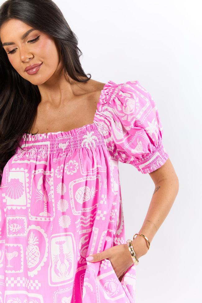 Shore-ly Yours Pink and White Icon Print Dress SALE Product Image