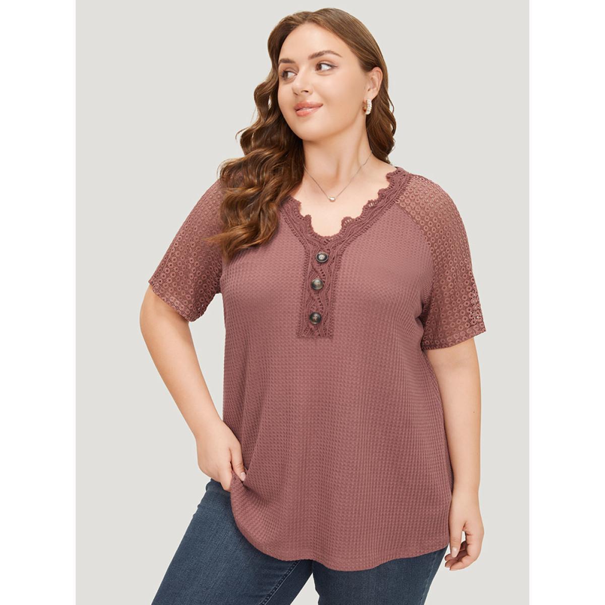 Plus Size Plain Contrast Lace Raglan Sleeve Button Detail T-shirt DustyPink Women Elegant Lace Plain V-neck Dailywear T-shirts BloomChic 10/M Product Image