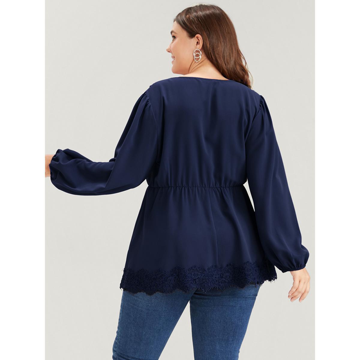 Plus Size Navy Solid Lantern Sleeve Ruffle Hem Lace Trim Blouse Women Elegant Long Sleeve V-neck Dailywear Blouses BloomChic 22-24/3X Product Image
