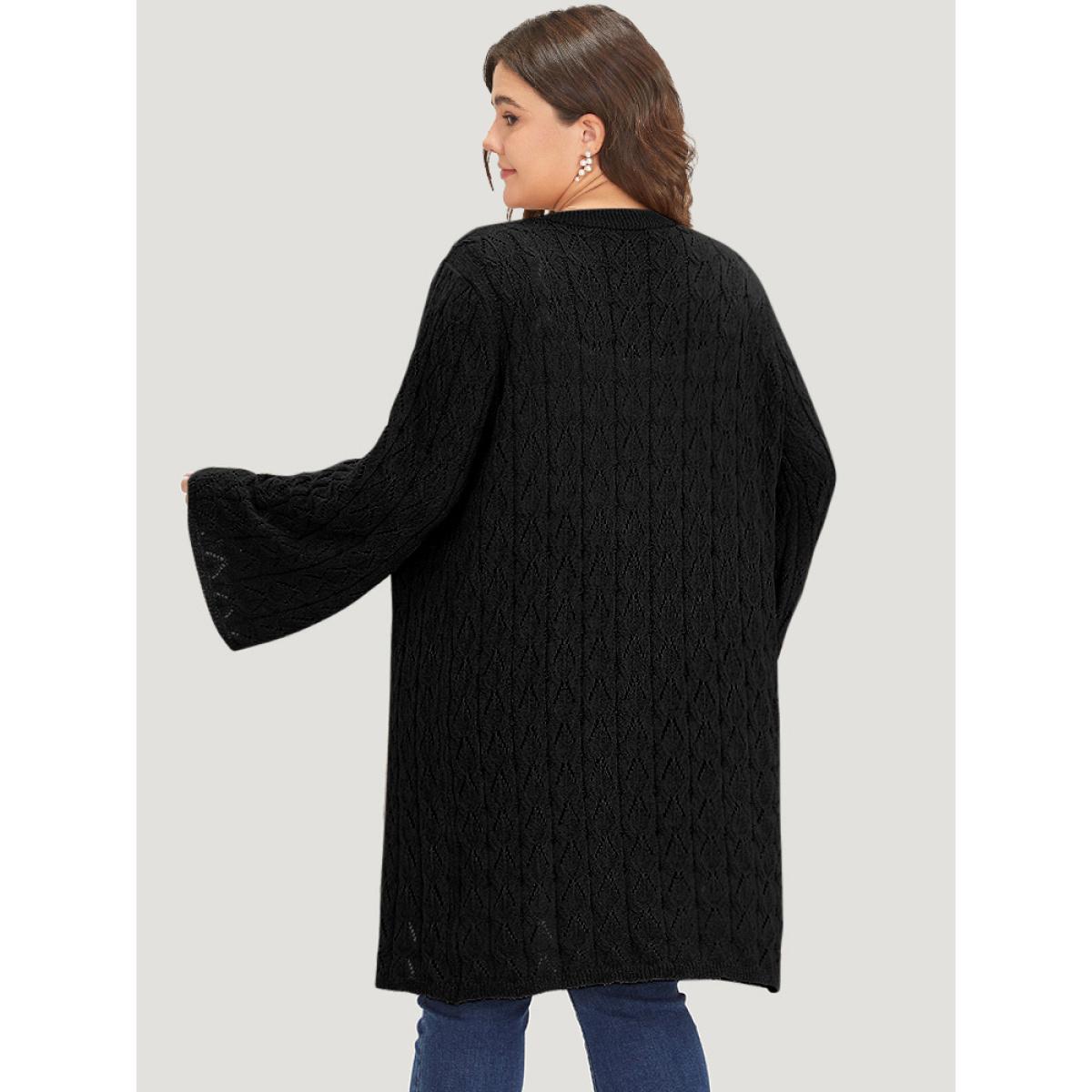 Plus Size Geometric Eyelet Tie Front Bell Sleeve Tunic Cardigan Black Women Casual Loose Long Sleeve Dailywear Cardigans BloomChic 26/4X Product Image