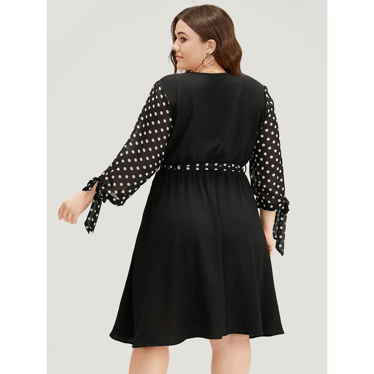 Plus Size Polka Dot Patchwork Mesh Belted Bowknot Dress Black Women Office See through Round Neck Long Sleeve Curvy Midi Dress BloomChic 22-24/3X Product Image