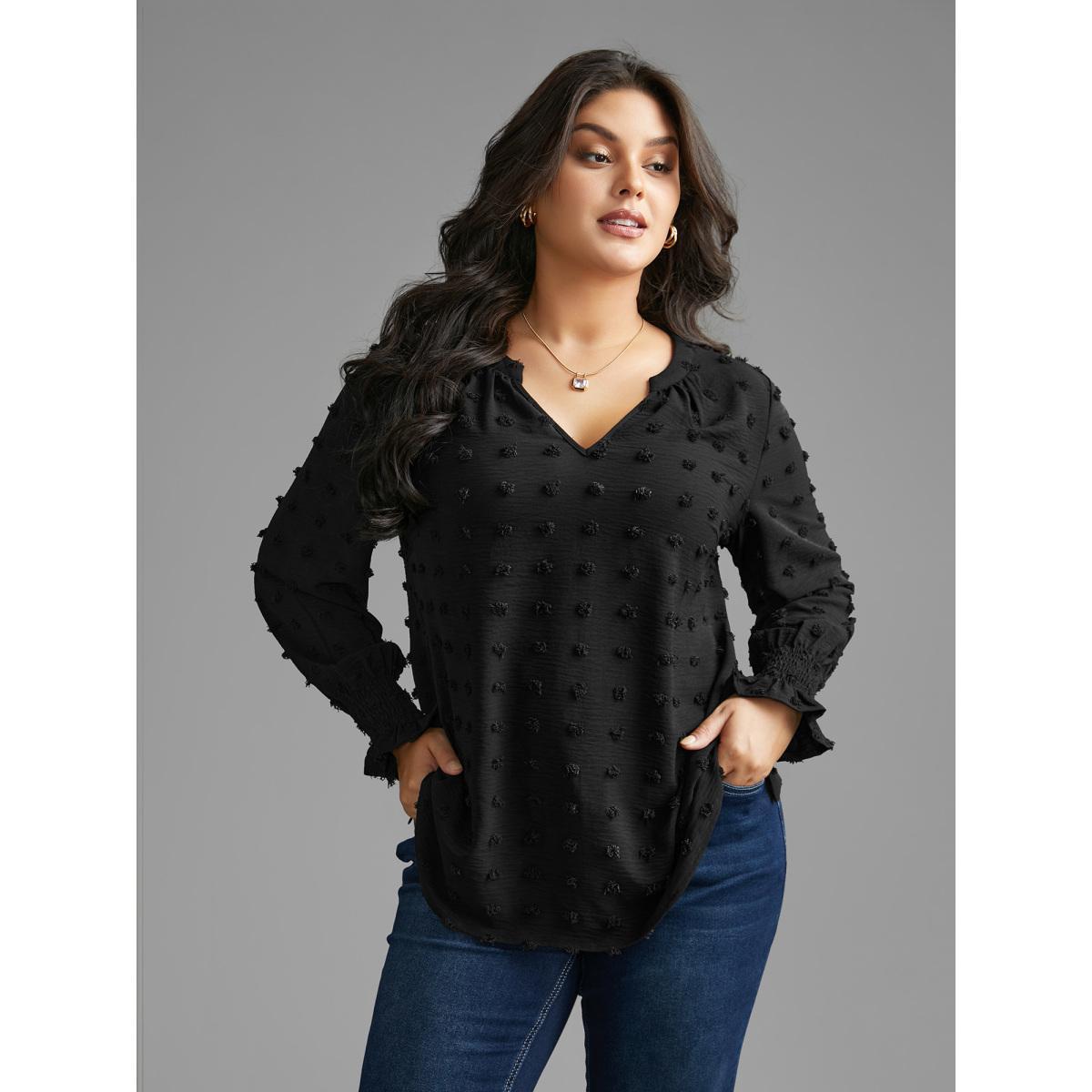 Plus Size Black Plain Textured Shirred Gathered Blouse Women Elegant Long Sleeve V-neck Everyday Blouses BloomChic 12/L Product Image