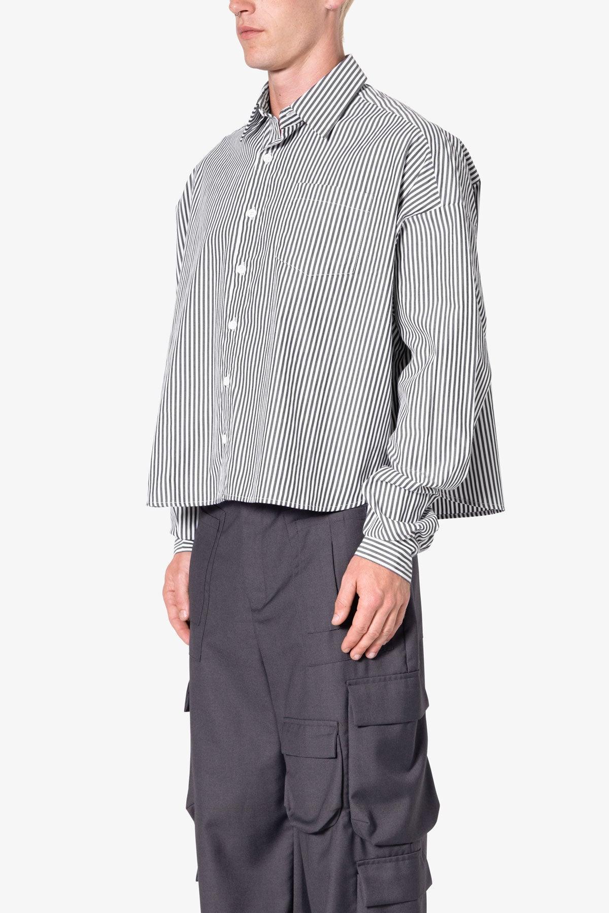 Striped Cropped Button Down Shirt - Black Product Image