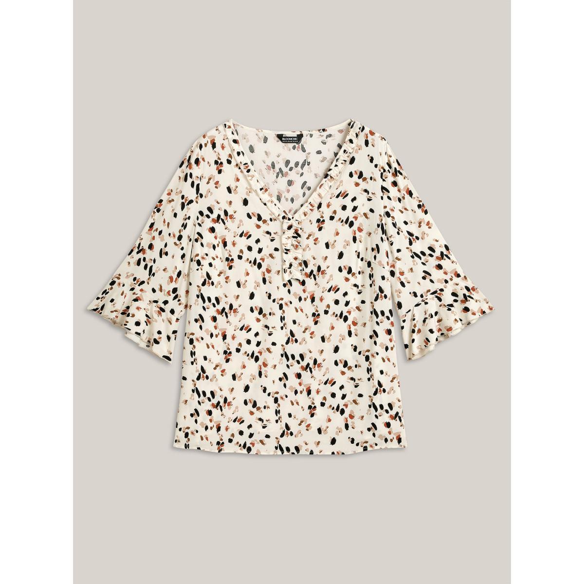 Plus Size Ivory Leopard Print Ruffled Detail Shirt Women Elegant Elbow-length sleeve V-neck Everyday Blouses BloomChic 14-16/1X Product Image