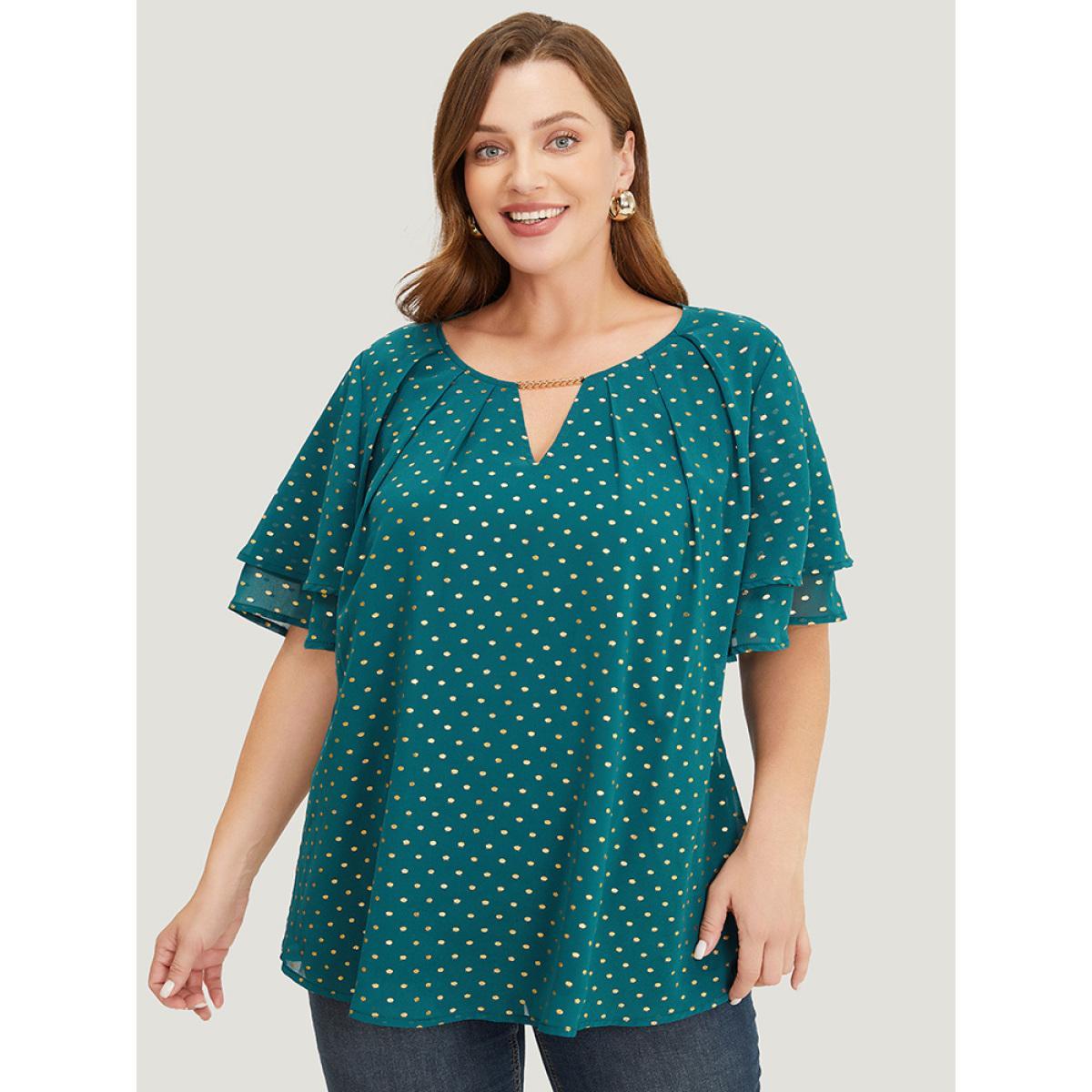 Plus Size DarkGreen Polka Dot Glitter Tiered Sleeve Pleated Keyhole Chain Neck Blouse Women Party Short sleeve Round Neck Going out Blouses BloomChic 12/L Product Image