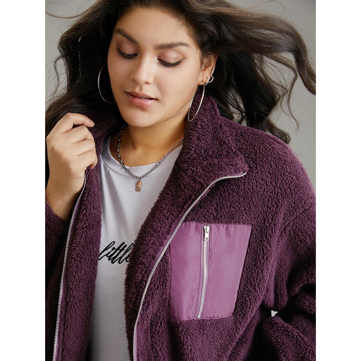 Plus Size Contrast Zipper Pocket Teddy Jacket Women Purple Elastic cuffs Pocket Dailywear Jackets BloomChic 18-20/2X Product Image