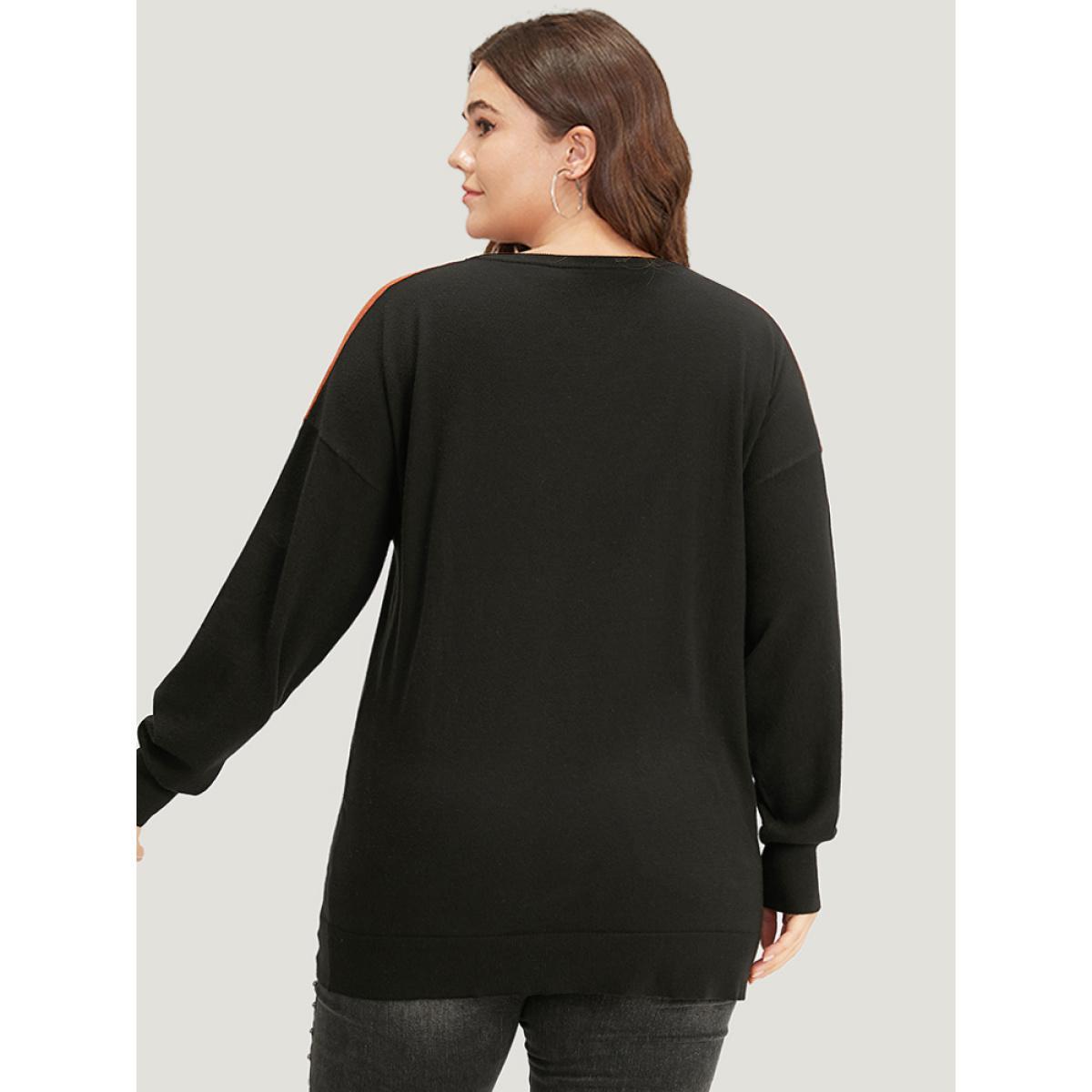 Plus Size Halloween Supersoft Essentials Two Tone Bat Print Pullover Black Women Casual Long Sleeve Round Neck Festival-Halloween Pullovers BloomChic 22-24/3X Product Image