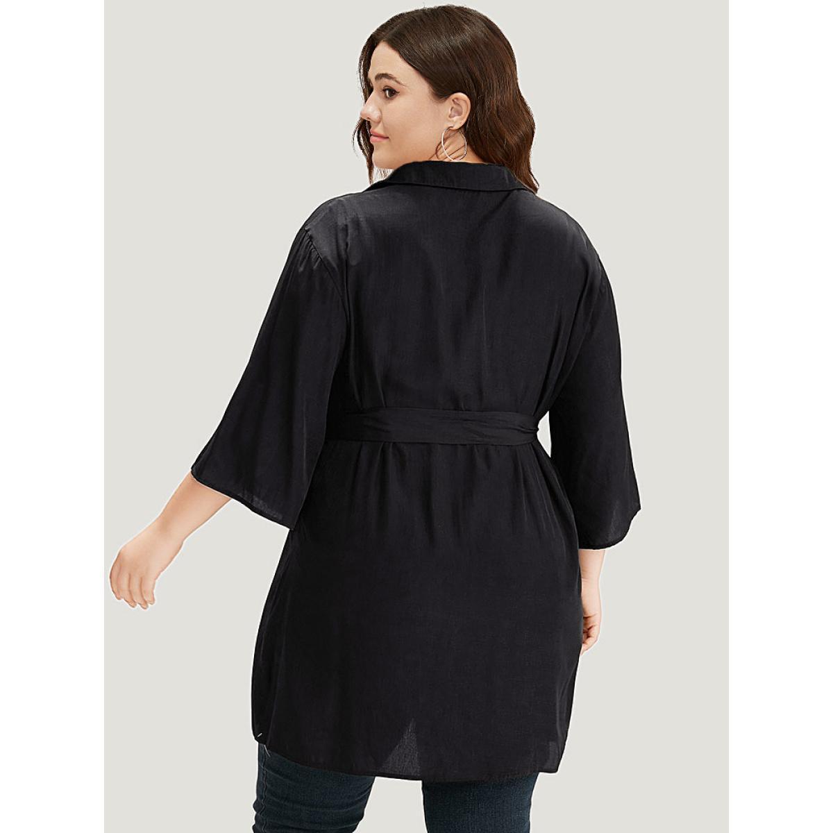Plus Size Halloween Plain Button Up Shirt Collar Buckle Detail Coat Women Black Plain Belt Dailywear Jackets BloomChic 30/6X Product Image