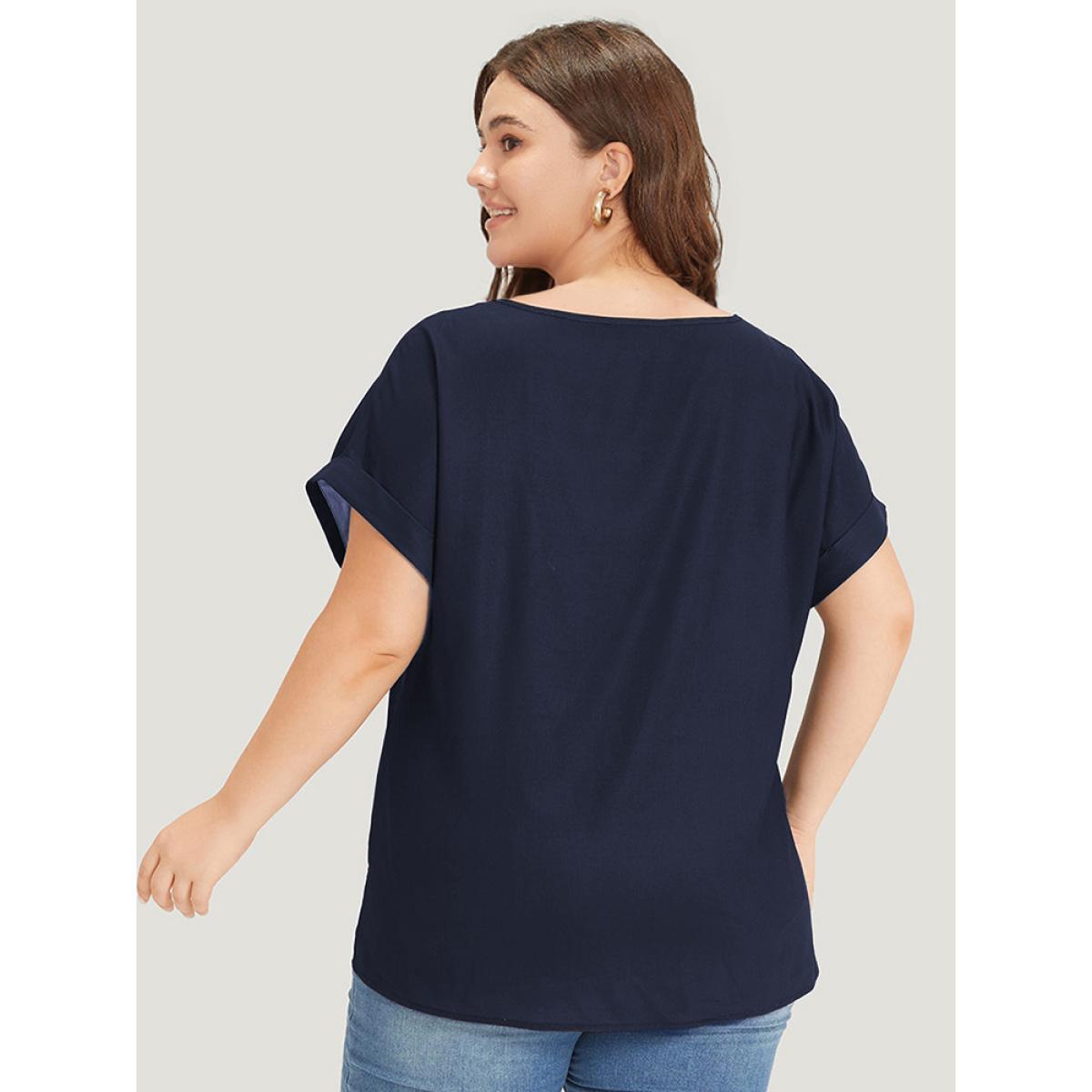 Plus Size Black Floral Print Crew Neck Roll Dolman Sleeve Blouse Women Elegant Short sleeve Round Neck Dailywear Blouses BloomChic 22-24/3X Product Image