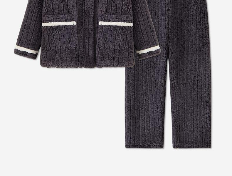 Pajama Set: Long-Sleeve V-Neck Contrast Trim Button-Up Fleece Top + Pants Product Image