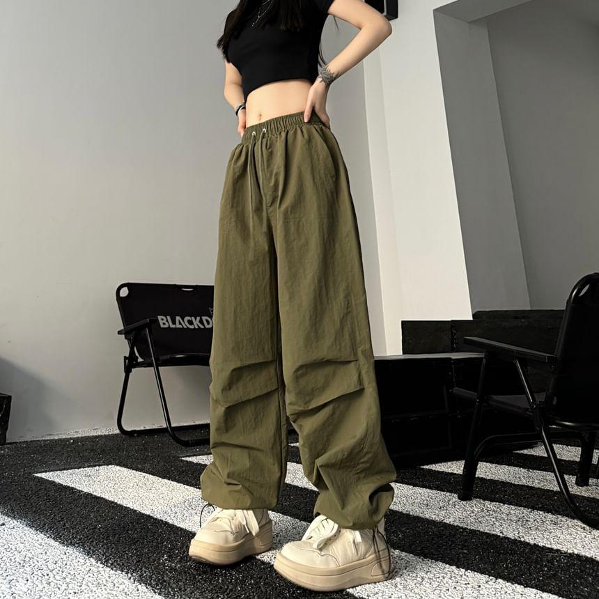 Mid Rise Plain Drawstring Shirred Wide Leg Pants Product Image
