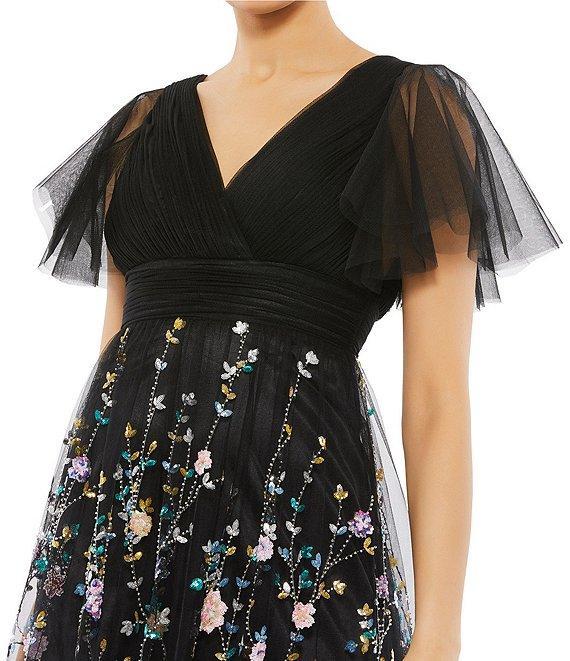 Mac Duggal Floral Embellished Illusion Short Butterfly Sleeve V-Neck Gown Product Image