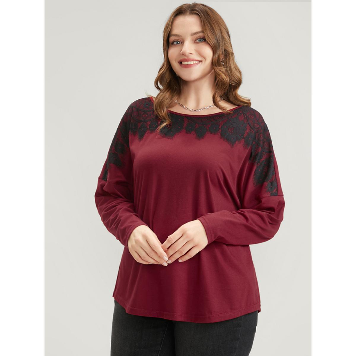 Plus Size Solid Round Neck Contrast Lace Long Tee Red Women Elegant Lace Plain Round Neck Dailywear T-shirts BloomChic 12/L Product Image