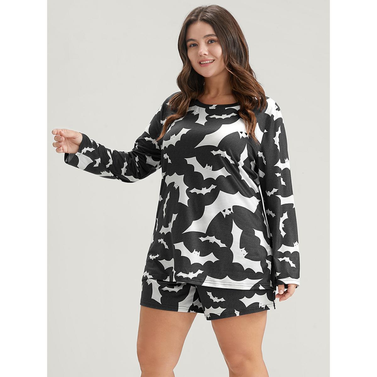 Plus Size Halloween Bat Print Pajama Set Women DimGray Graphic-Halloween Printed Long Sleeve Round Neck Casual Loungewear Sets BloomChic 12/L Product Image