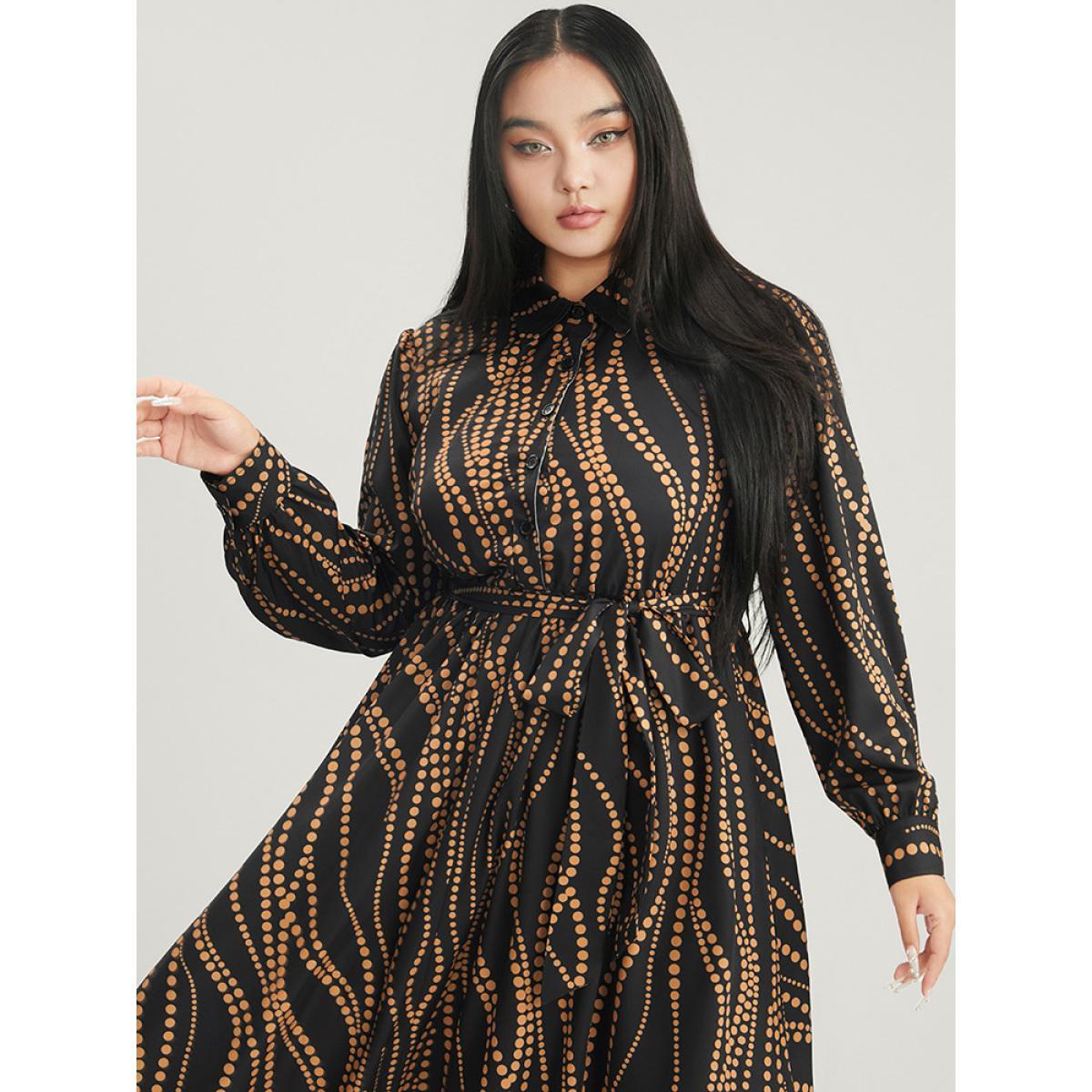 Plus Size Polka Dot Pocket Button Detail Belted Shirt Collar Dress Black Women Office Pocket Shirt collar Long Sleeve Curvy Midi Dress BloomChic 18-20/2X Product Image