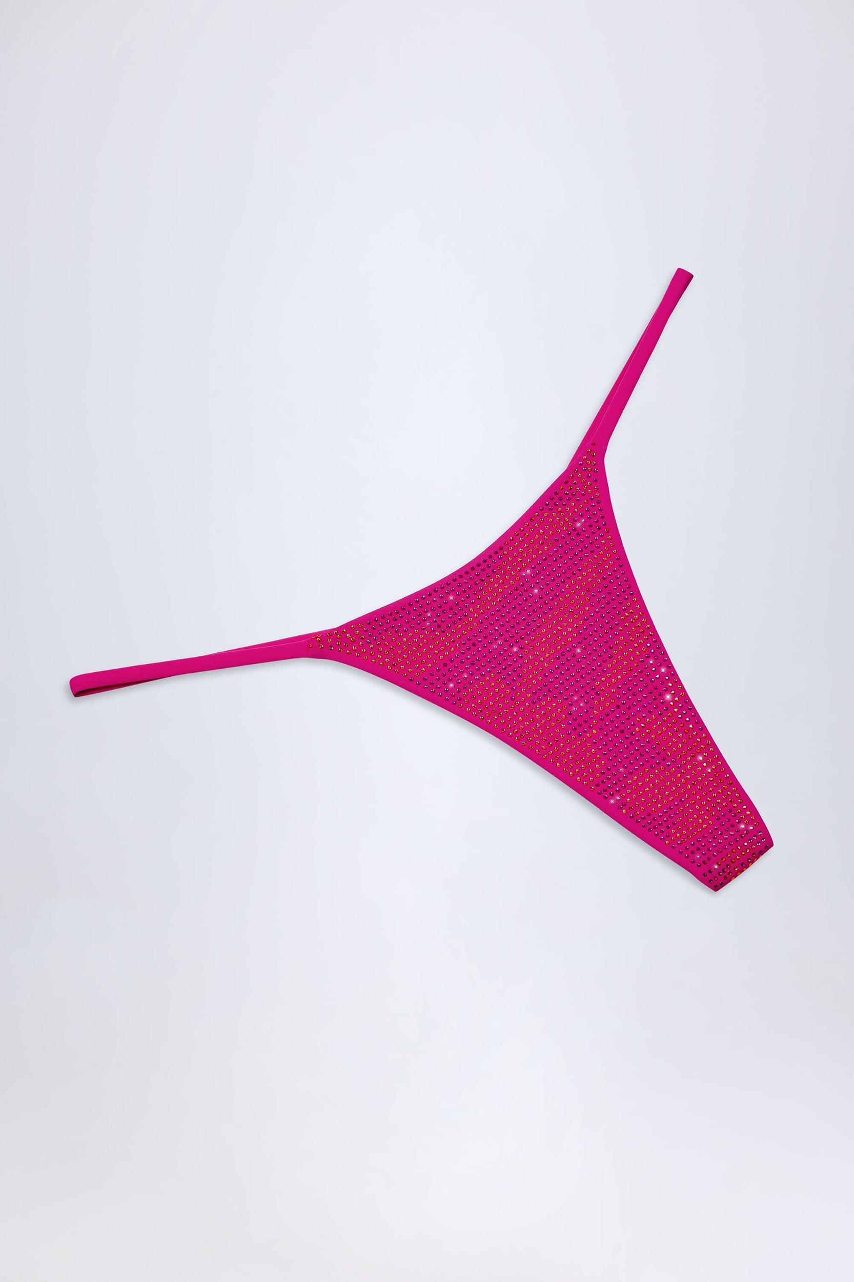 Embellished Thong Bikini Bottoms in Pink Tropical Hotfix Product Image
