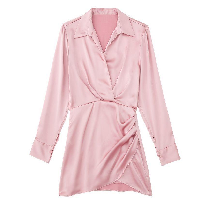 Long-Sleeve Plain Mini Bodycon Shirt Dress Product Image