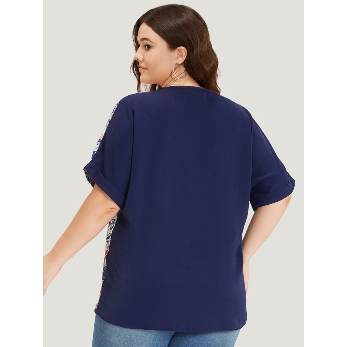 Plus Size Indigo Bandana Print Patchwork Contrast Roll Batwing Sleeve Blouse Women Vacation Short sleeve V-neck Dailywear Blouses BloomChic 26/4X Product Image